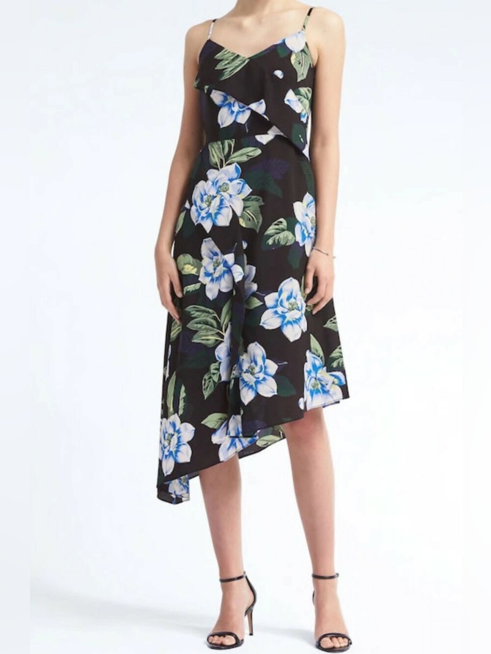 Banana Republic Black Floral Asymmetrical Slip Dress with Blue Floral Print